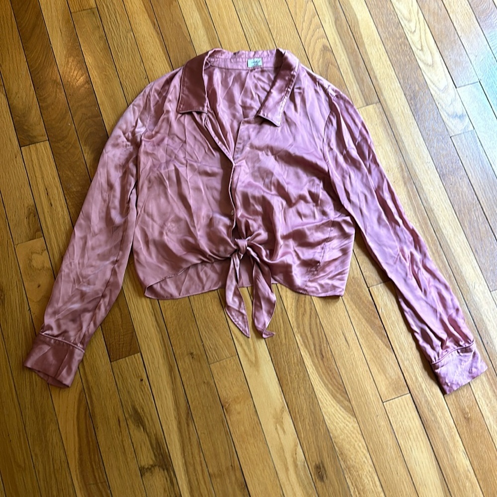 Silky Tie-Front Long-Sleeve Top - Dusty Rose